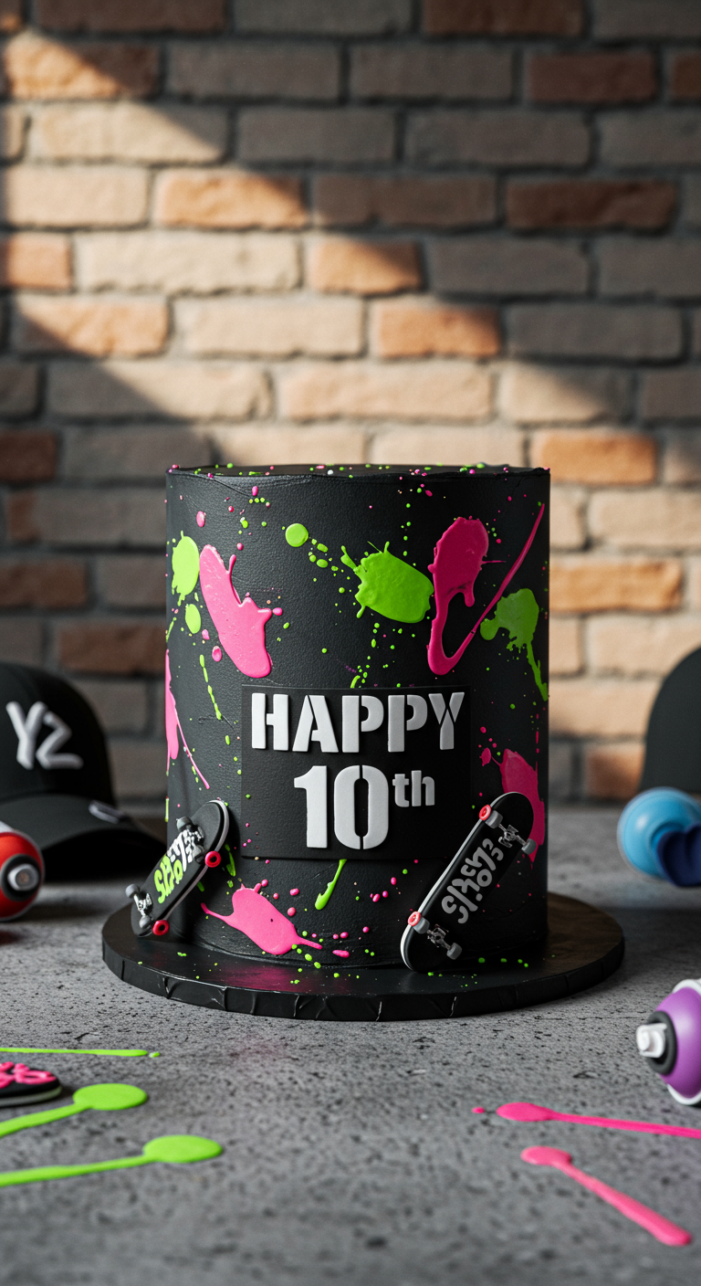 Schwarze Torte mit Neon-Farbklecksen, Mini-Skateboards und „HAPPY 10TH“-Schriftzug.