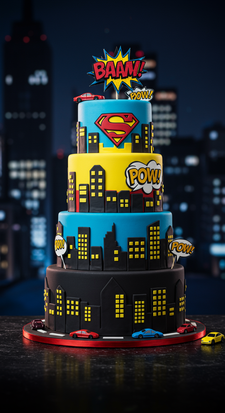 Mehrstöckige Superhelden-Torte mit Skyline, Comic-Sprechblasen und Superman-Logo.
