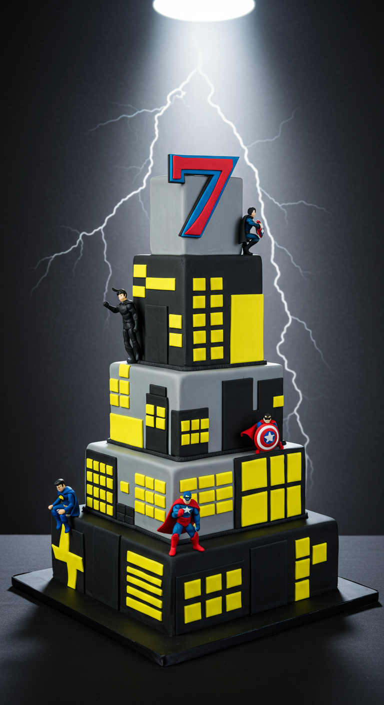 Mehrstöckige Superhelden-Torte in Hochhaus-Optik mit Figuren.