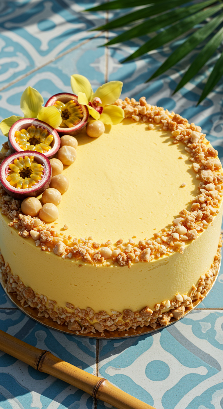 Gelbe Passionsfruchttorte mit Macadamiakrokant, frischen Passionsfrüchten und Orchideen.