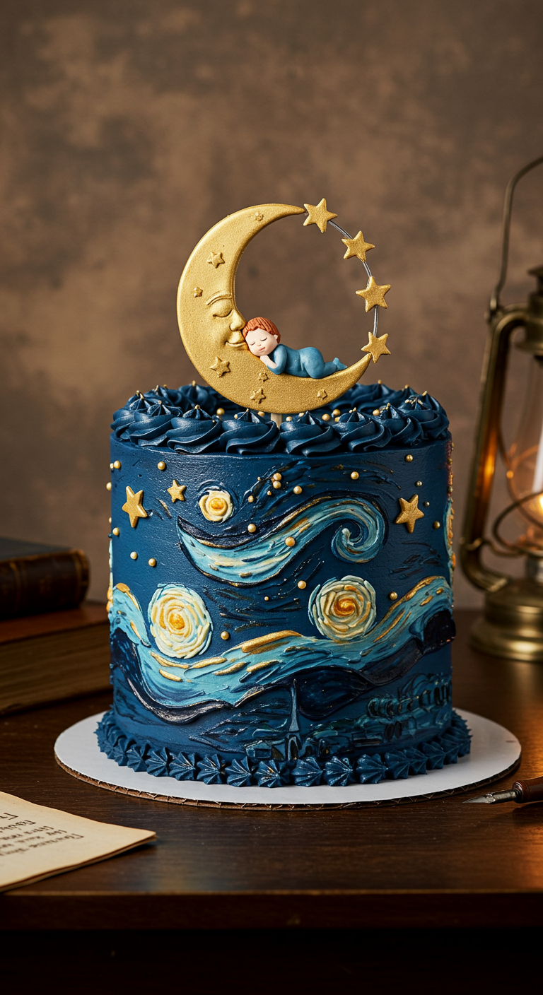 Dunkelblaue Torte im Stil von Sternennacht mit schlafendem Mond-Topper.
