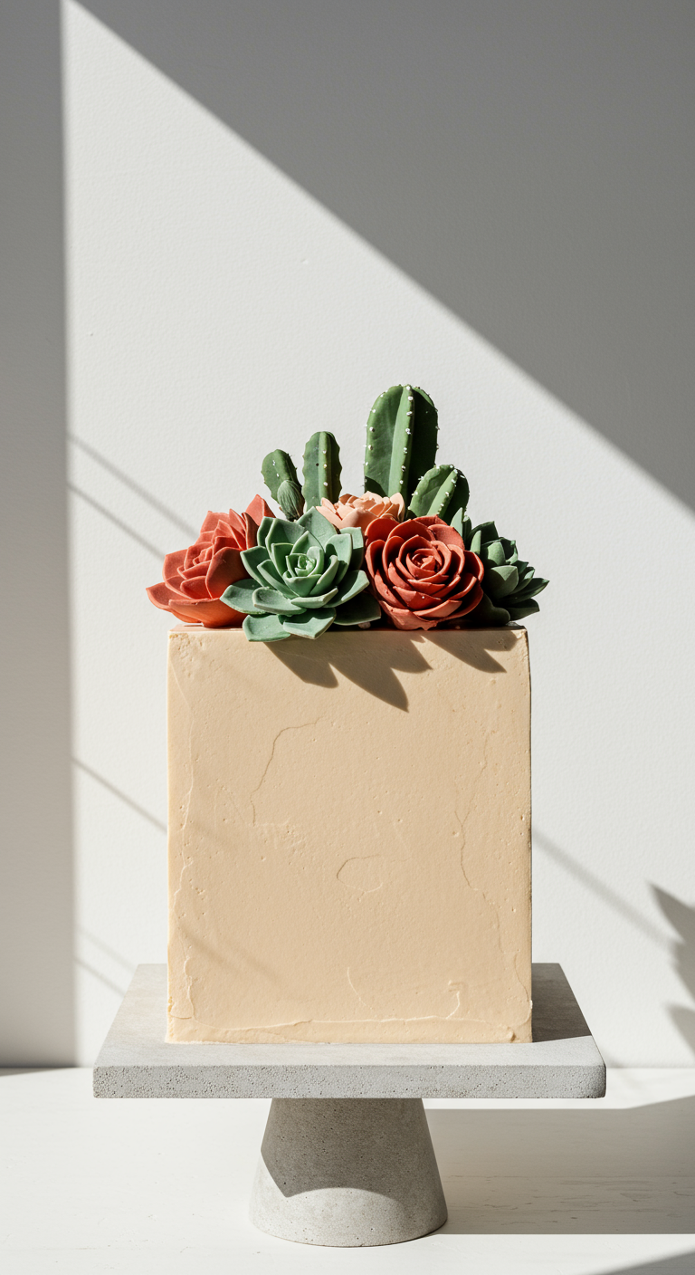 Quadratische, beige Torte mit Buttercreme-Sukkulenten und -Rosen obenauf.