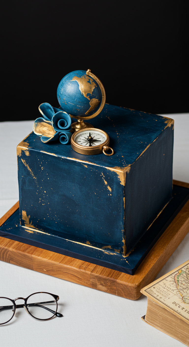 Dunkelblaue Torte mit Gold-Spritzern, Mini-Globus und Kompass.