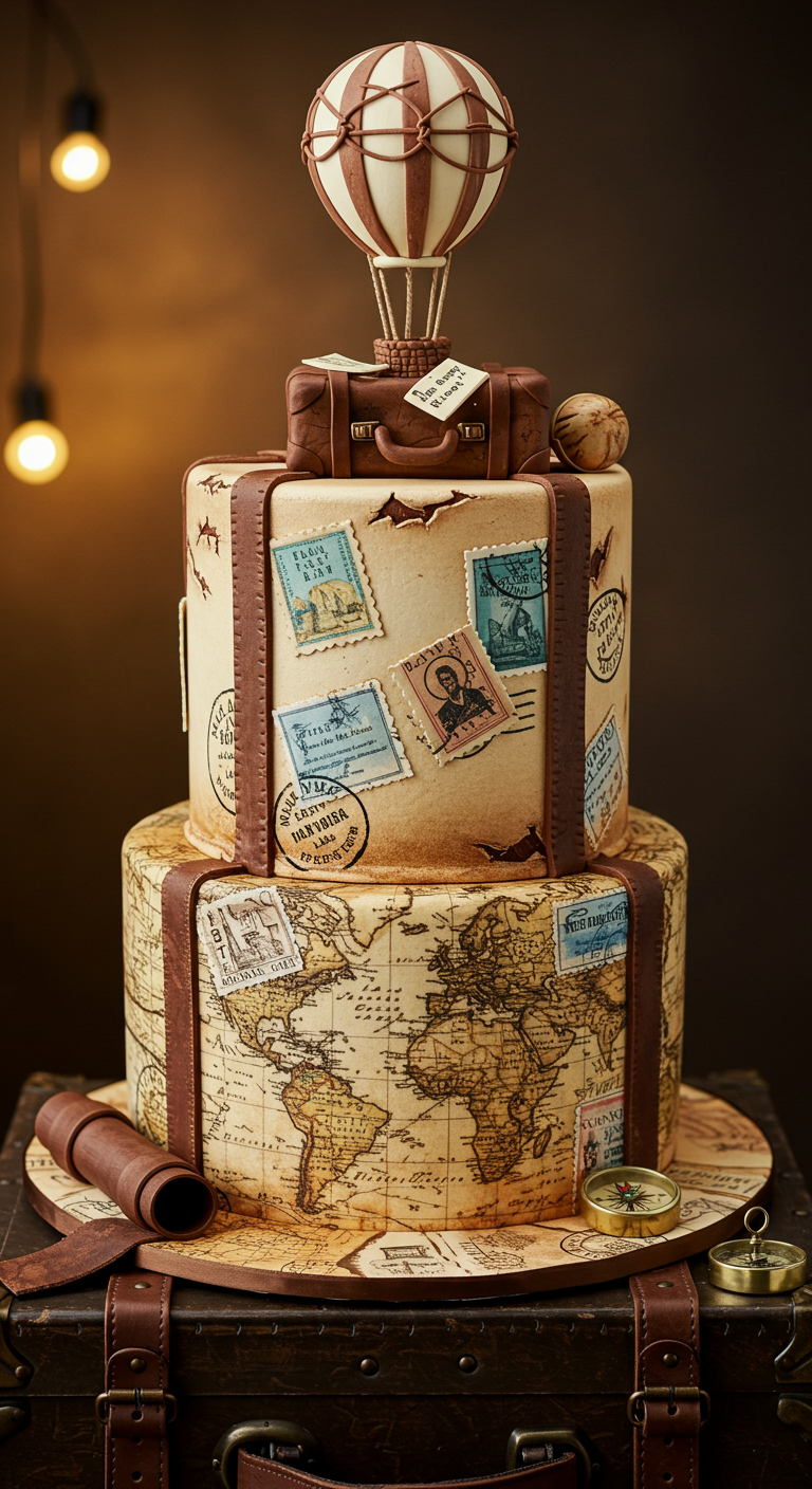 Zweistöckige Torte mit Weltkarten-Motiv, Briefmarken und Heißluftballon-Topper.