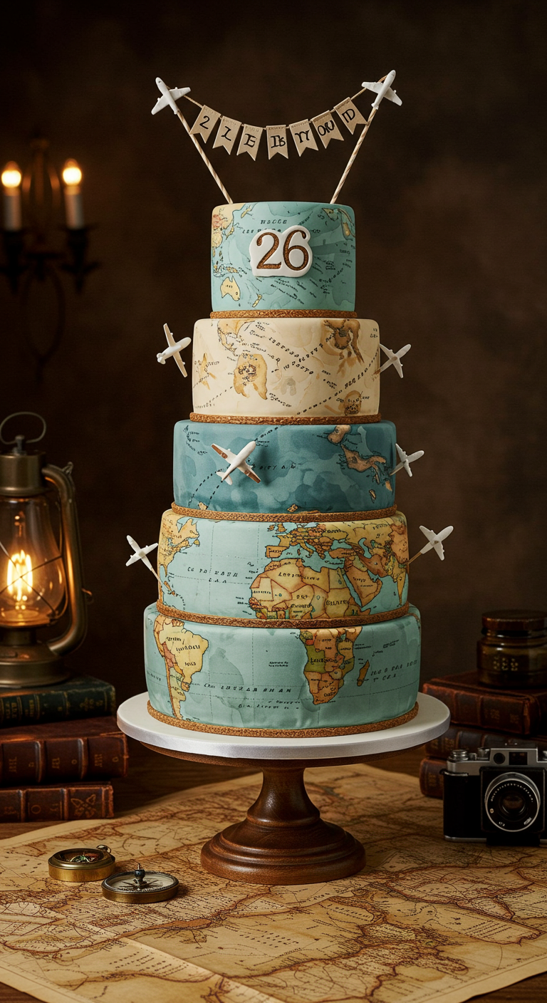 Fünfstöckige Torte mit Weltkarten-Design und Flugzeug-Toppern.