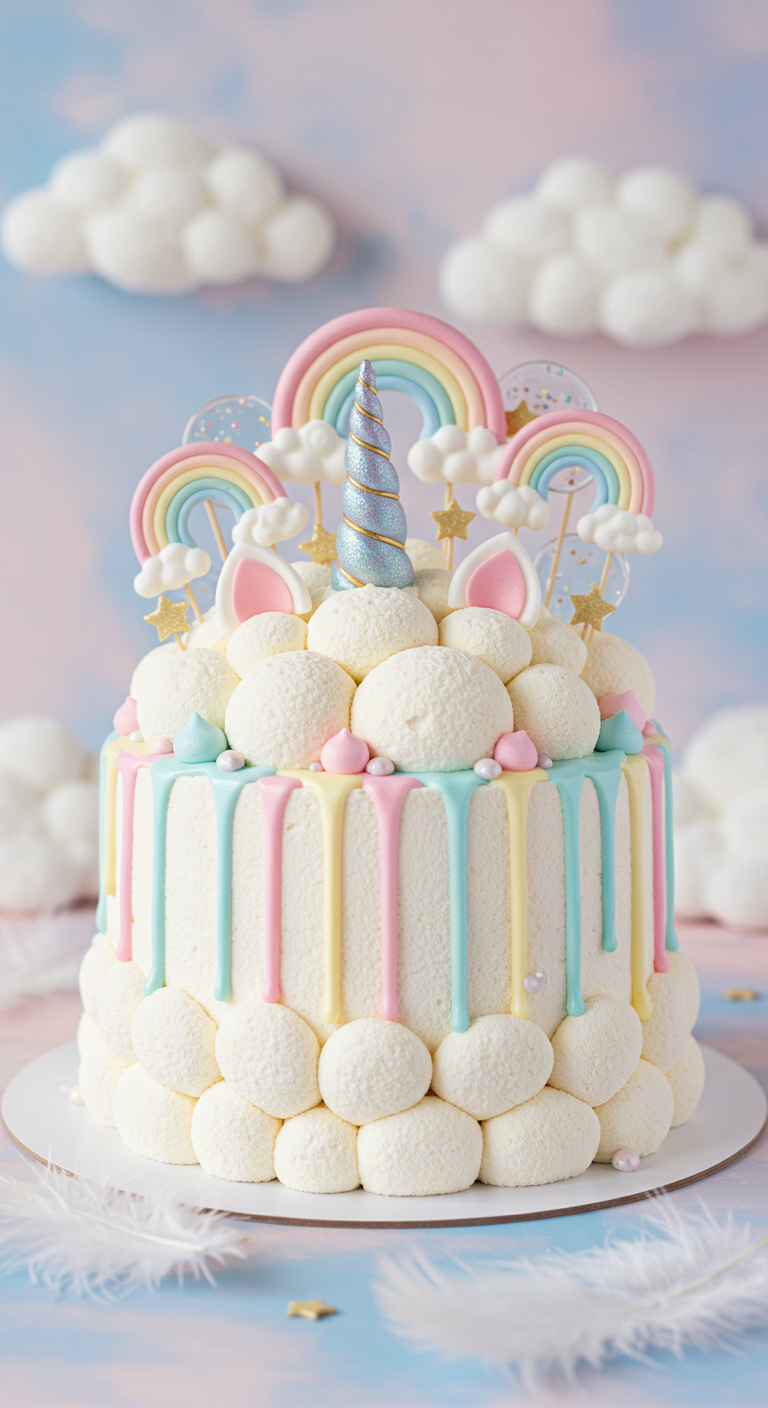 Verspielte Einhorntorte mit weißen Wolken-Tupfen, bunten Drips und Regenbogen-Deko.