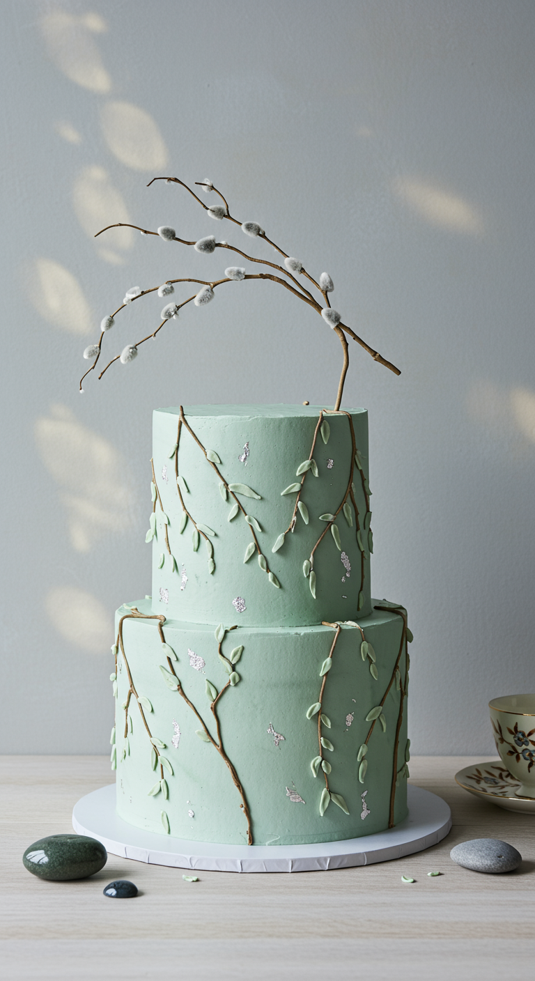 Zweistöckige mintgrüne Torte mit aufgemalten Weidenkätzchenzweigen und echten Weidenkätzchen als Topper.