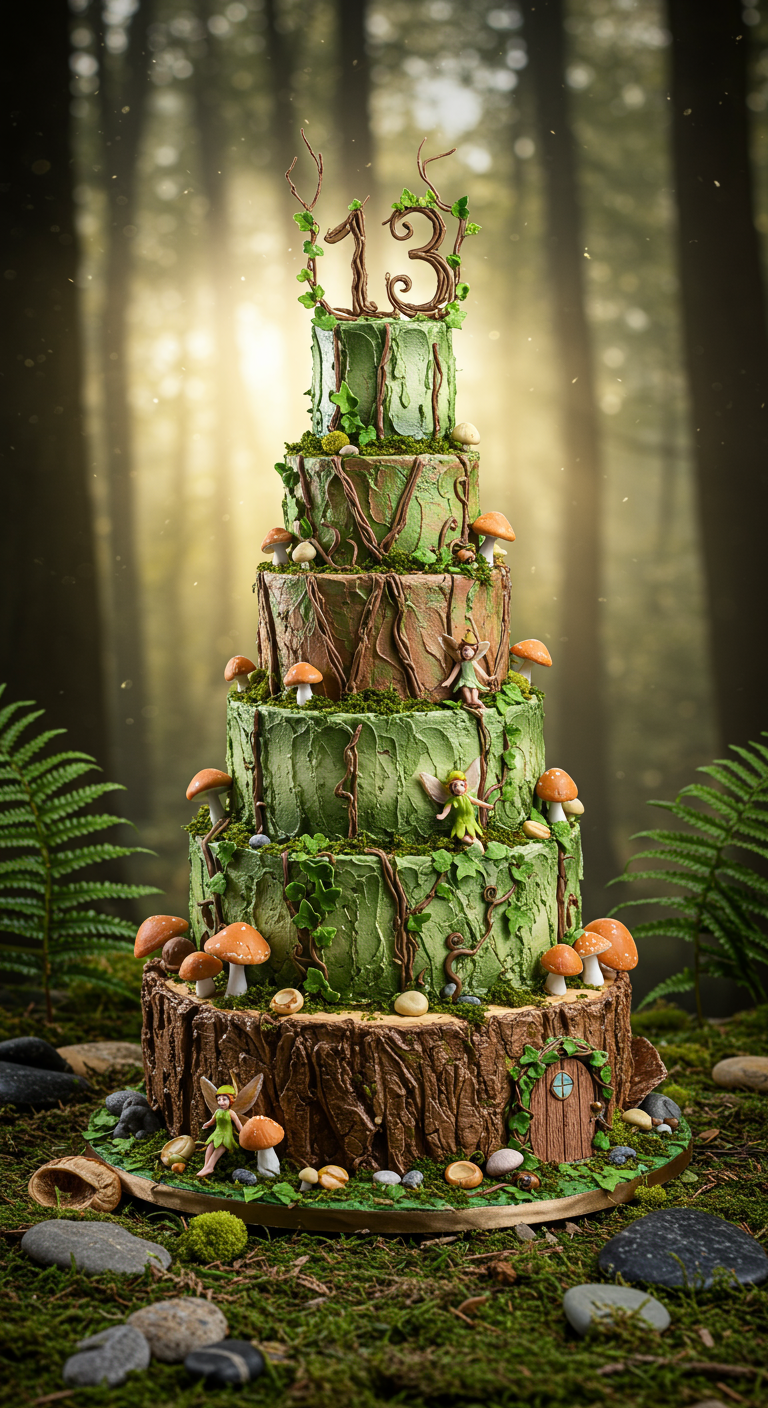 Hohe, mehrstöckige Torte als Baumstamm mit grünen Moos-Etagen, Pilzen und Feen.