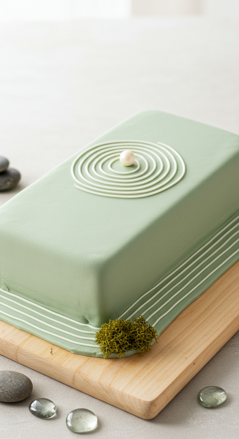 Pastellgrüne rechteckige Torte mit weißer Spirale und Linien-Deko.
