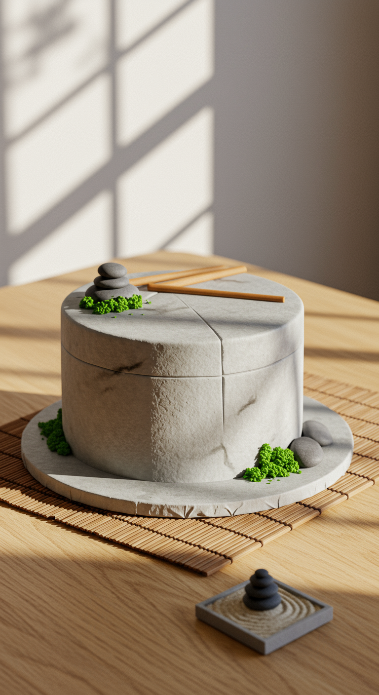 Graue, zylindrische Torte in Steinoptik, dekoriert mit Moos, Steinen und Bambusstäbchen wie ein Zen-Garten.