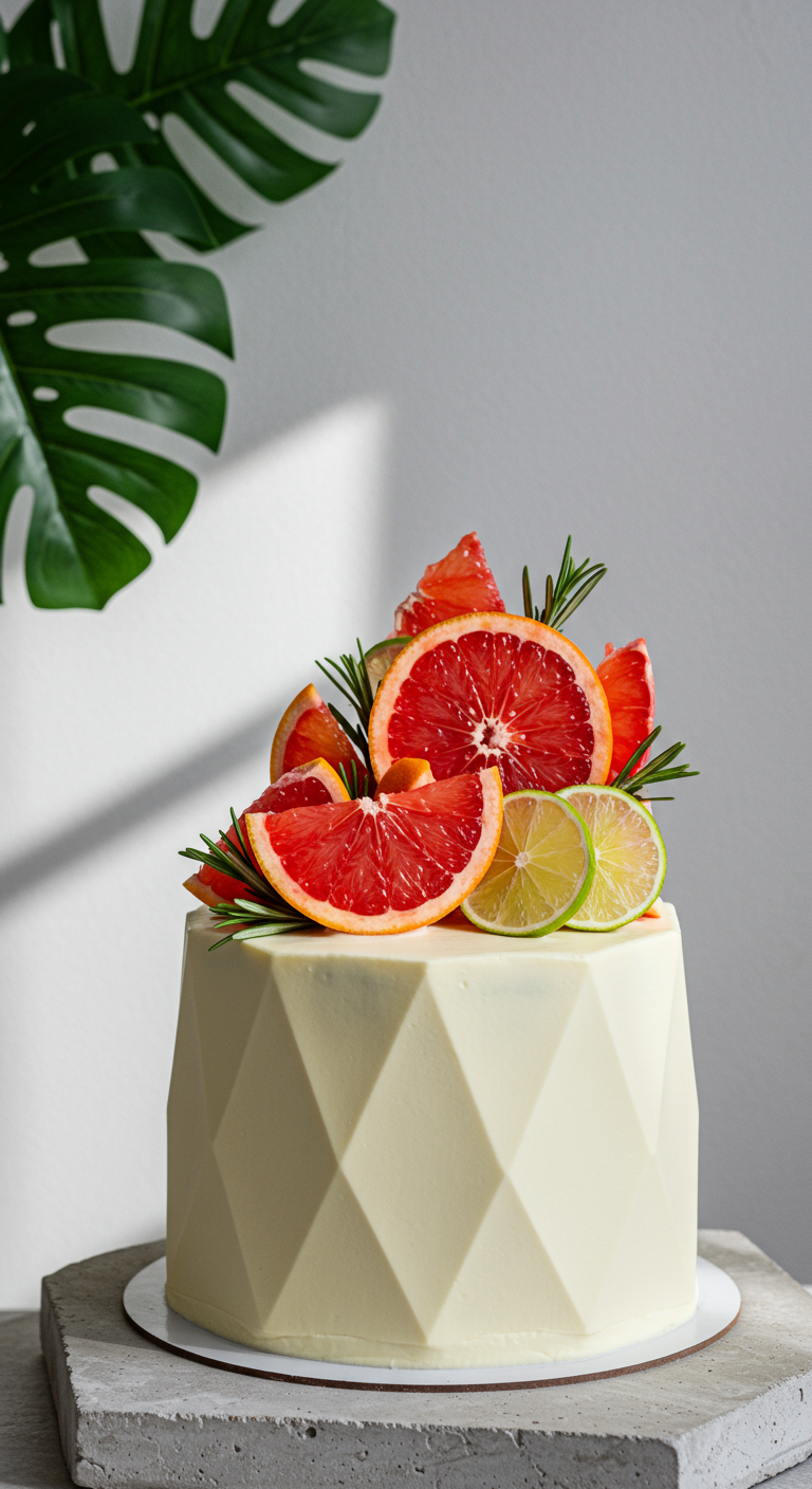 Weiße Torte mit geometrischem Muster, dekoriert mit Blutorangen- und Limettenscheiben.