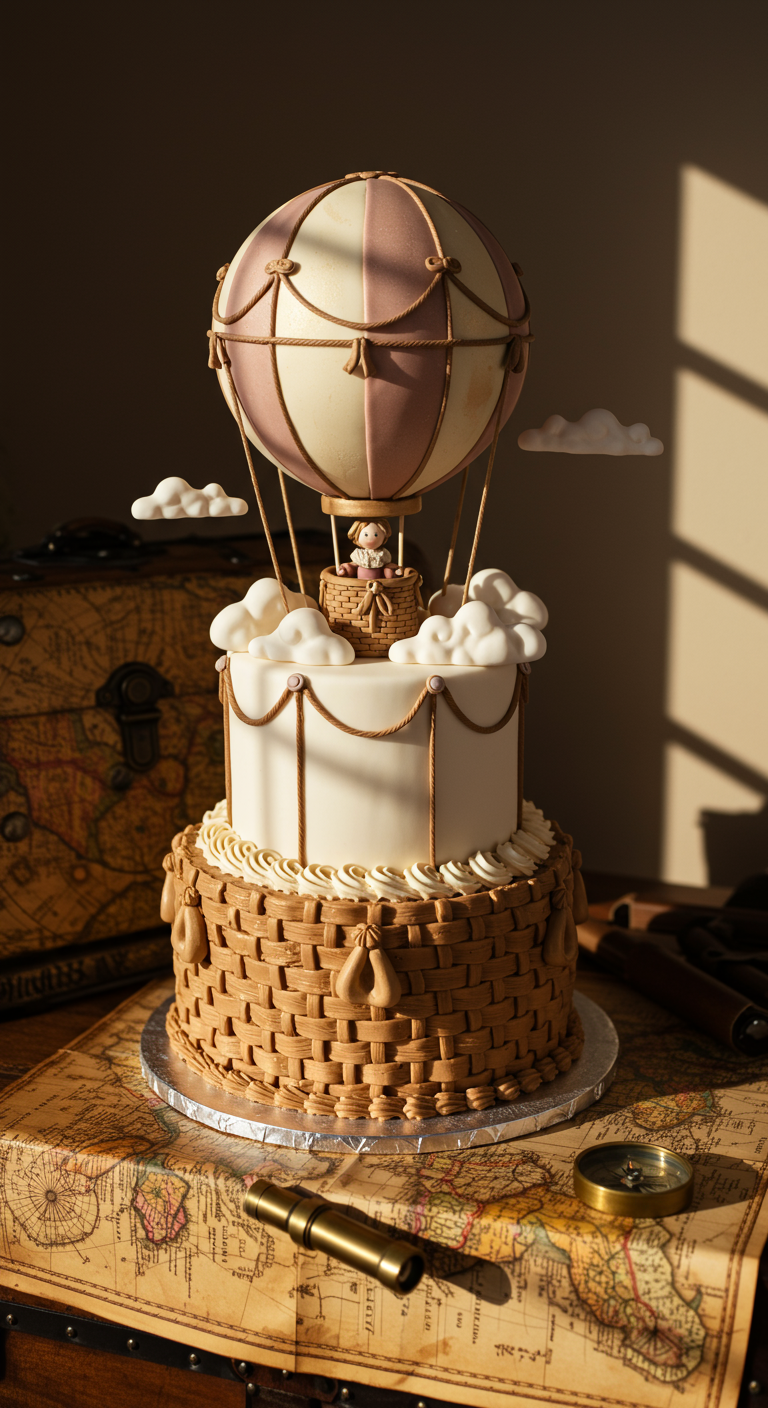 Zweistöckige Torte, untere Etage als Korb, obere als Heißluftballon mit Teddy.