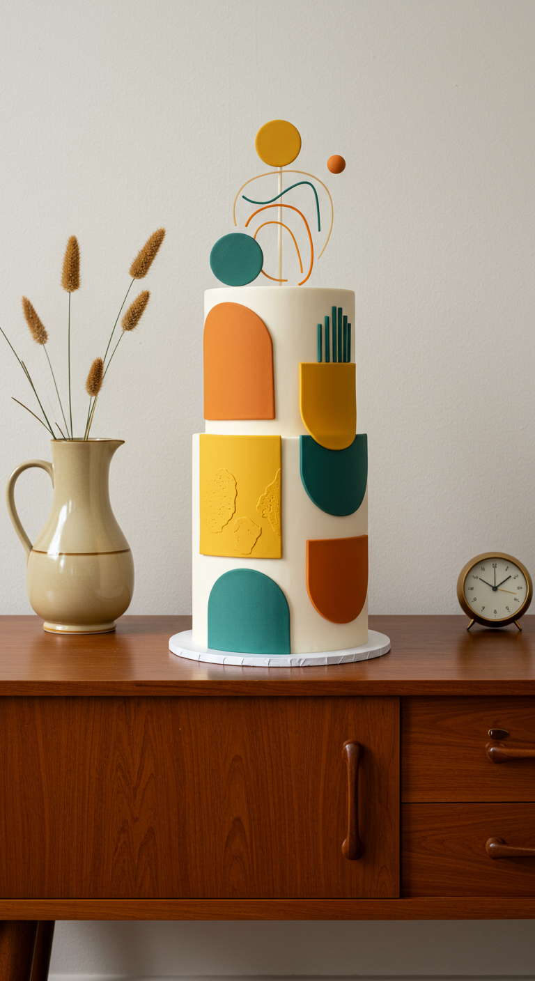 Moderne zweistöckige Torte mit abstrakten bunten Formen im Mid-Century-Stil.