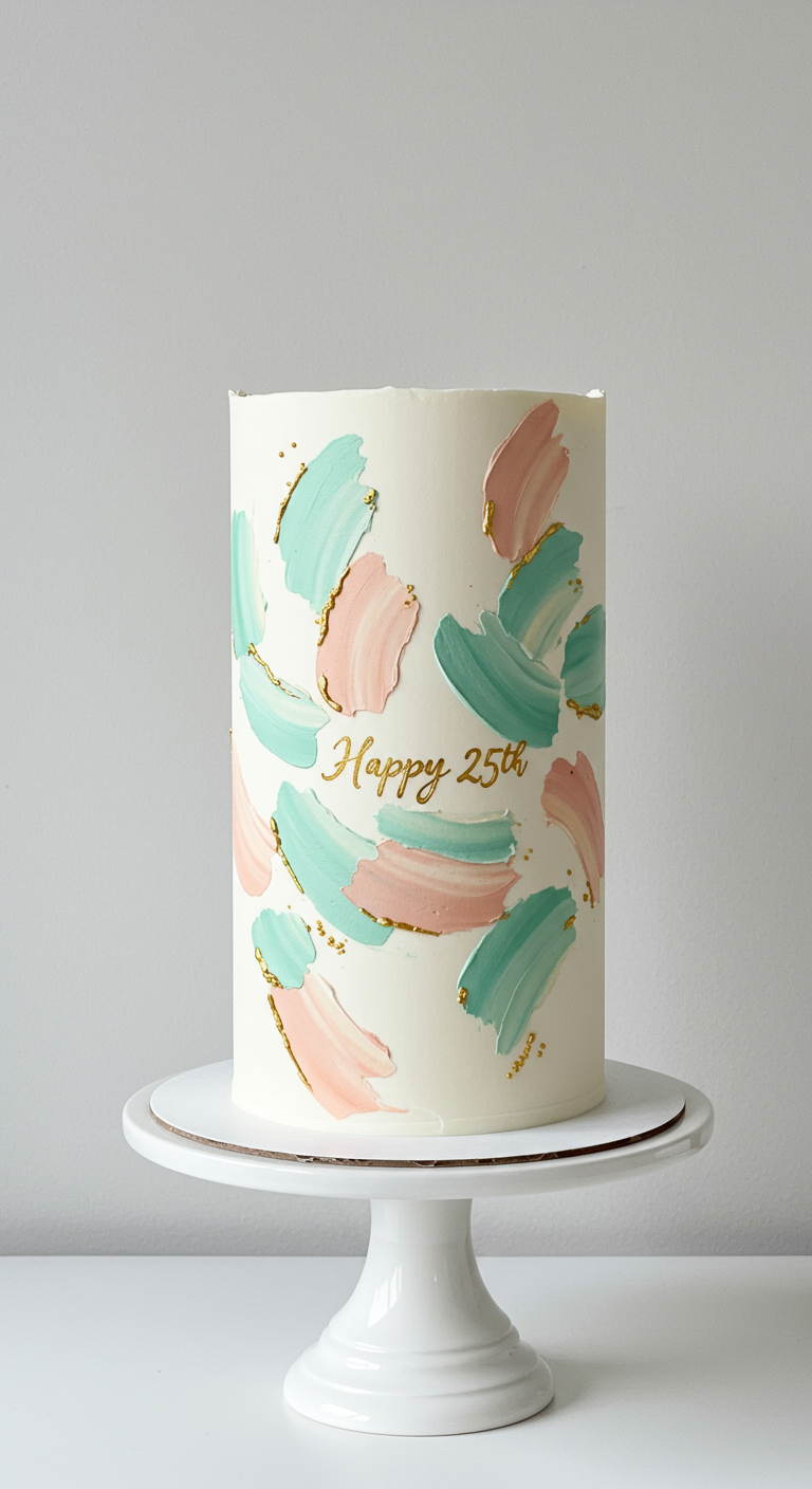 Weiße Torte mit abstrakten Pinselstrichen in Mint und Rosa, goldenen Akzenten,