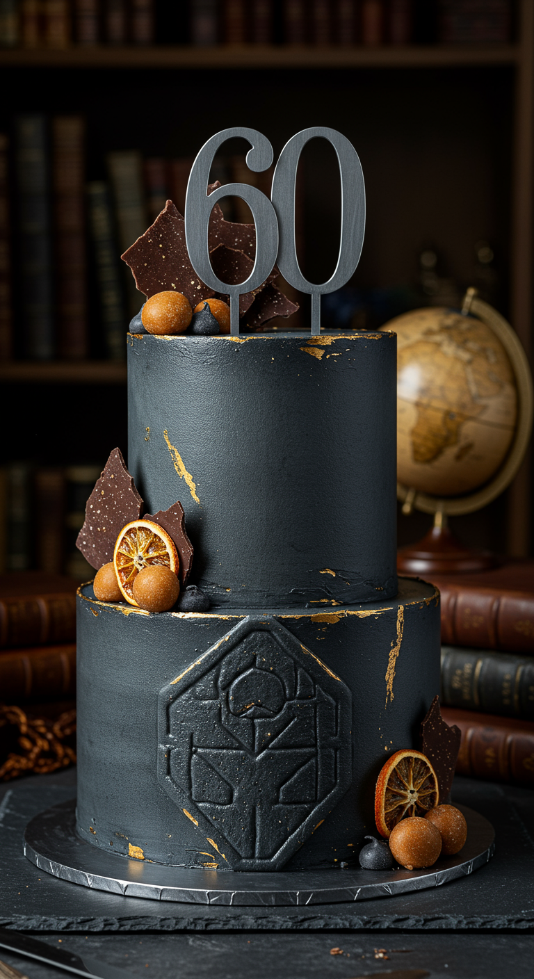 Dunkelgraue zweistöckige Torte mit getrockneten Orangenscheiben und Schokolade.