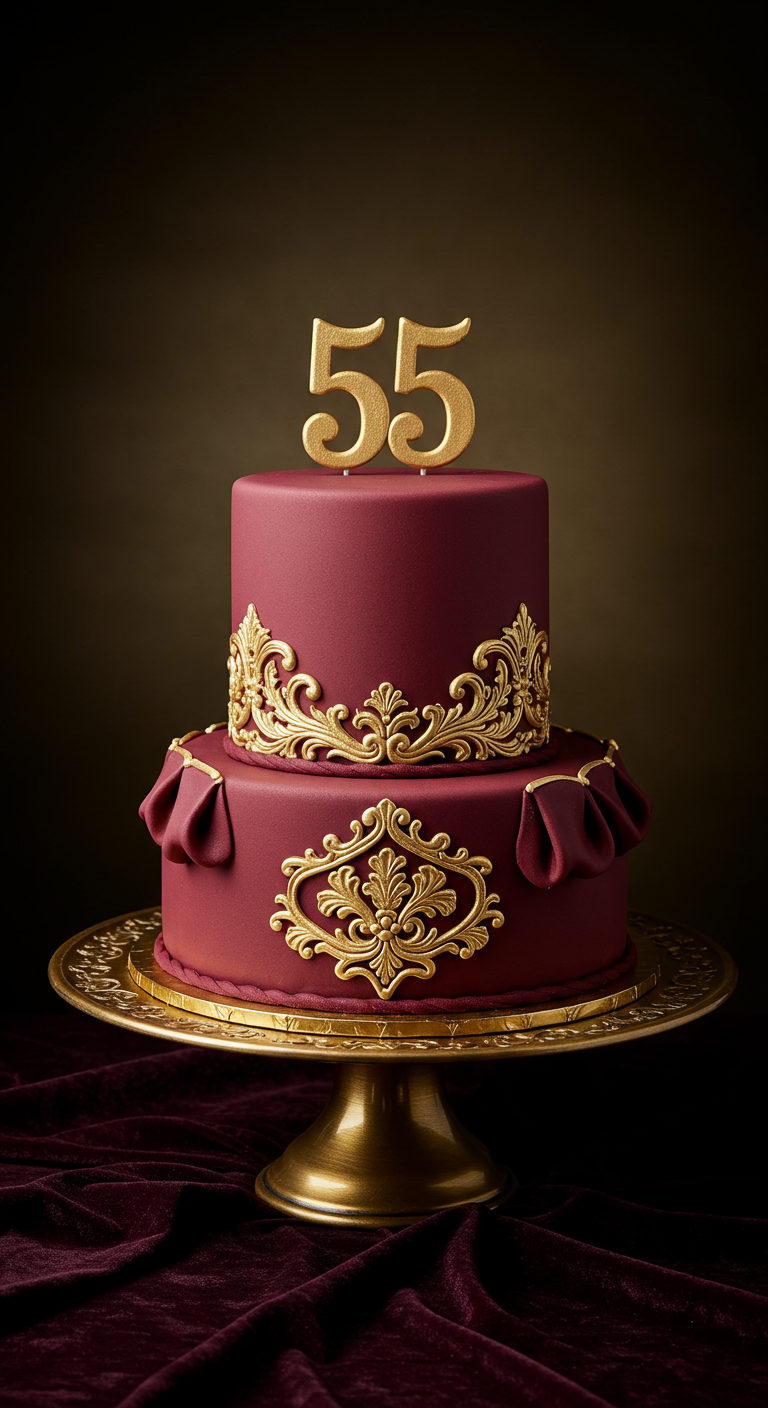 Zweistöckige Bordeaux-rote Torte mit goldenen Barock-Ornamenten und drapiertem Fondant.