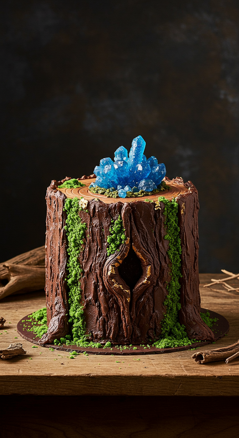 Schokoladen-Baumstumpf-Torte mit blauem Kristallzucker-Cluster als Highlight.