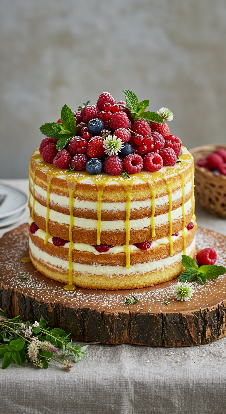 Mehrschichtiger Naked Cake mit Beeren, Minze und gelbem Drip auf Holzscheibe.