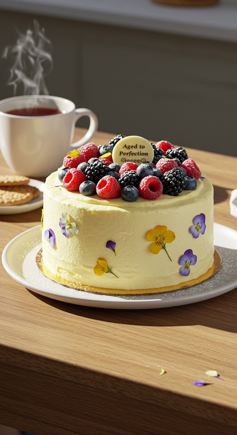Cremefarbene Torte mit frischen Beeren, essbaren Blüten und „Aged to Perfection“-Schild.