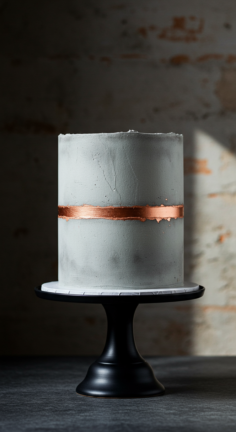 Graue Torte im Beton-Look mit einem breiten Kupferstreifen.
