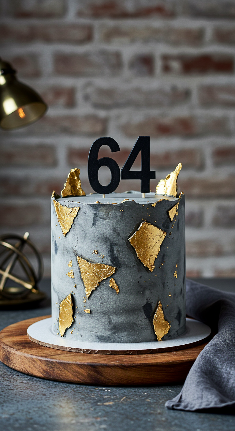 Graue Torte im Beton-Look mit unregelmäßigen Goldblatt-Akzenten und Zahl 64.