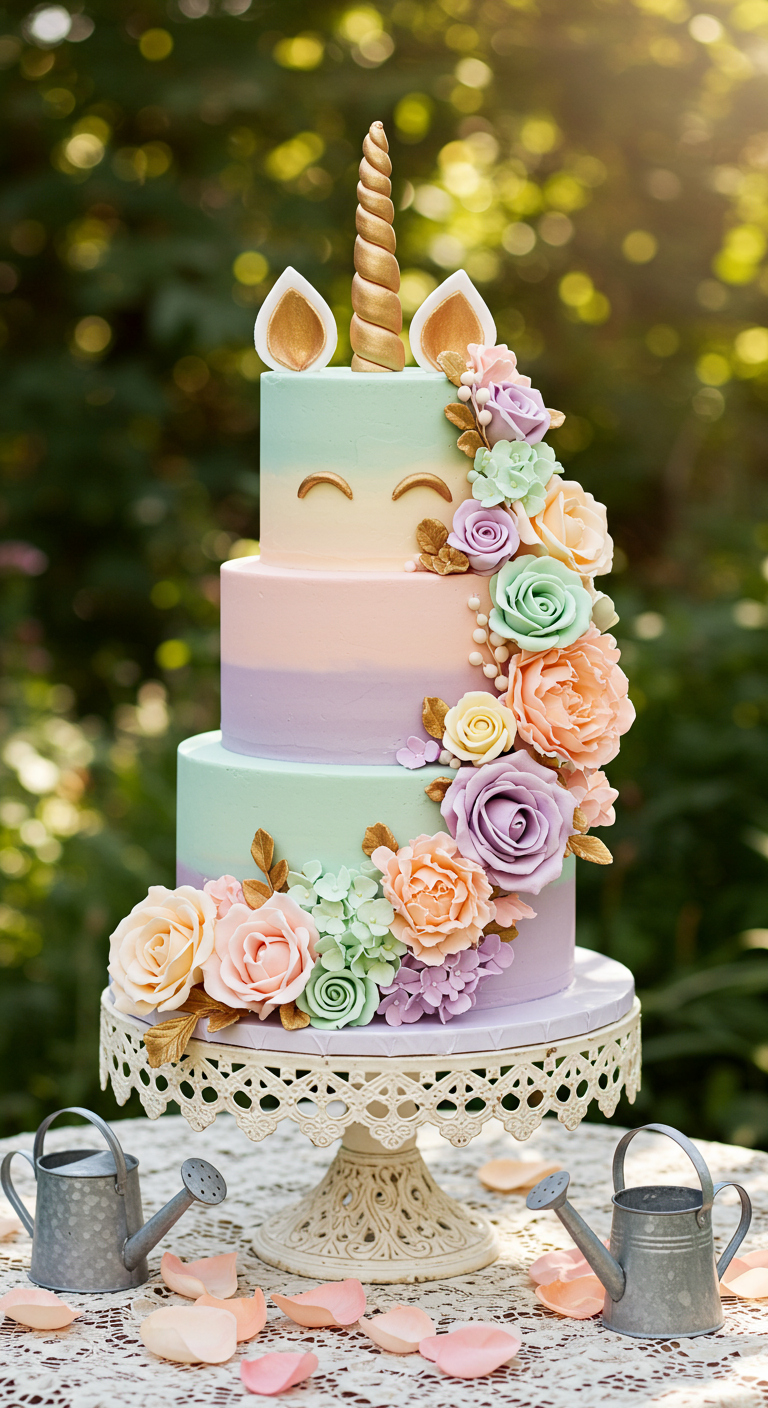 Mehrstöckige Einhorntorte mit Pastell-Ombré und einer Kaskade aus bunten Zuckerblumen.