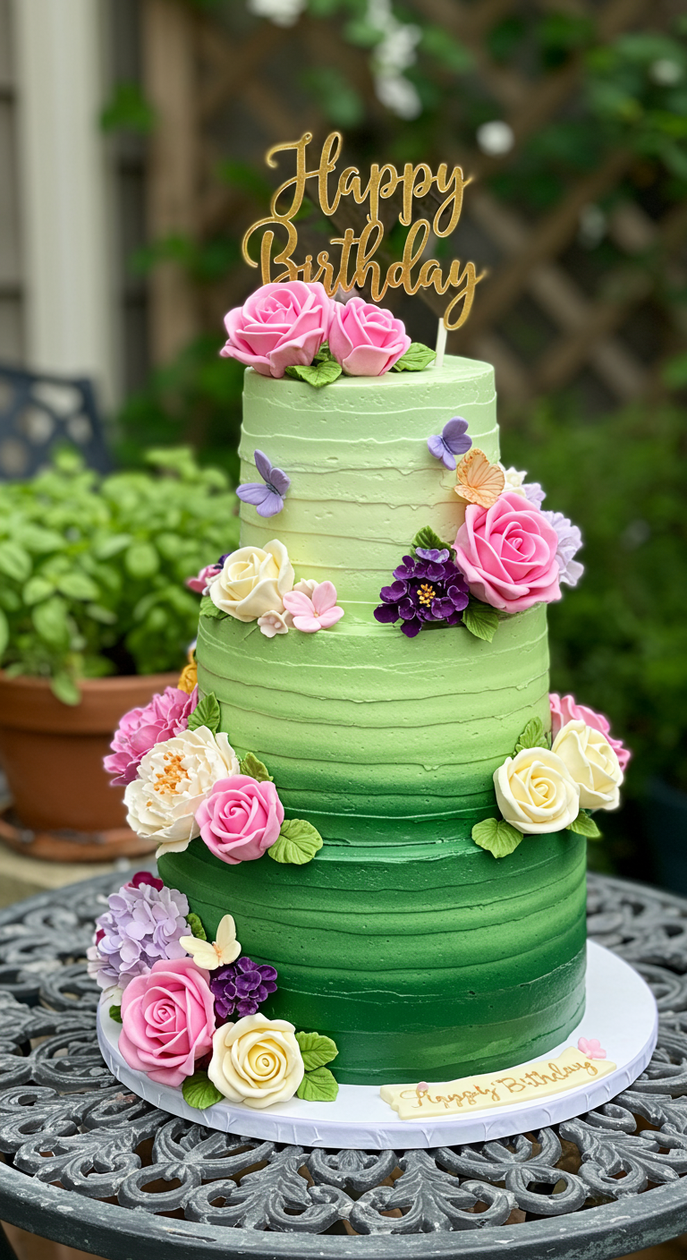 Dreistöckige grüne Ombré-Torte mit echten und Zuckerblumen