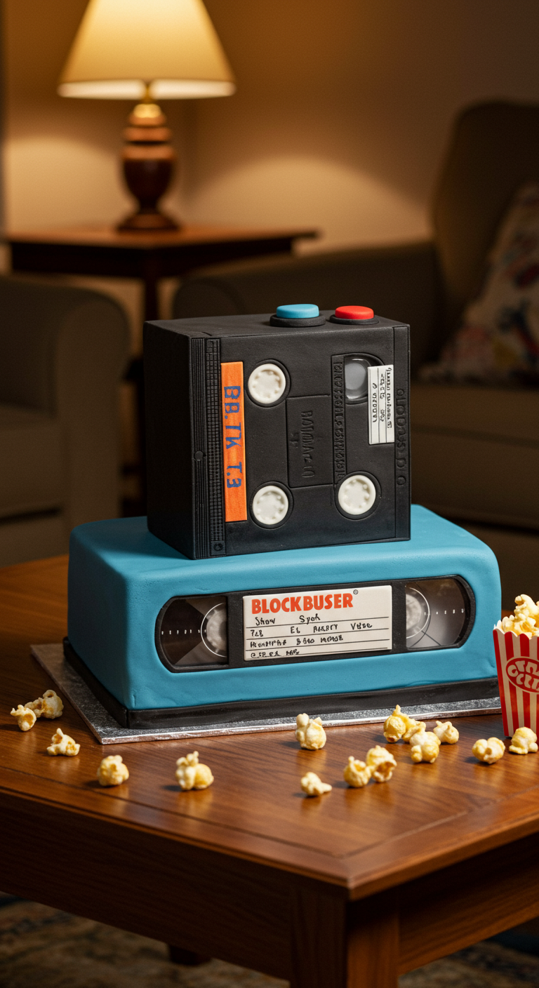 Zwei als VHS-Kassetten gestaltete Torten, eine blau ('Blockbuser'), eine schwarz, mit Popcorn