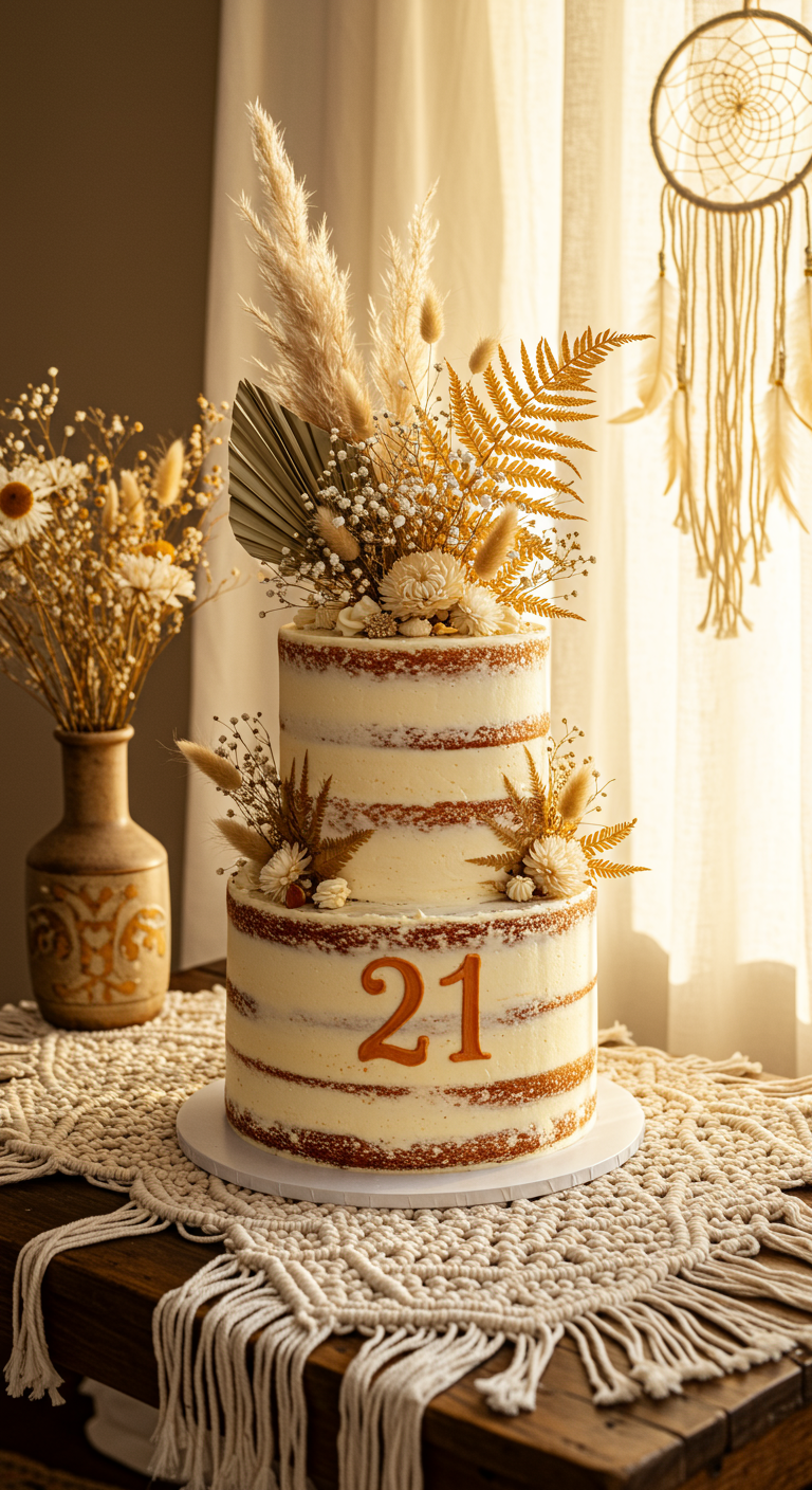 Zweistöckiger Naked Cake mit Buttercreme, Trockenblumen und Pampasgras verziert.