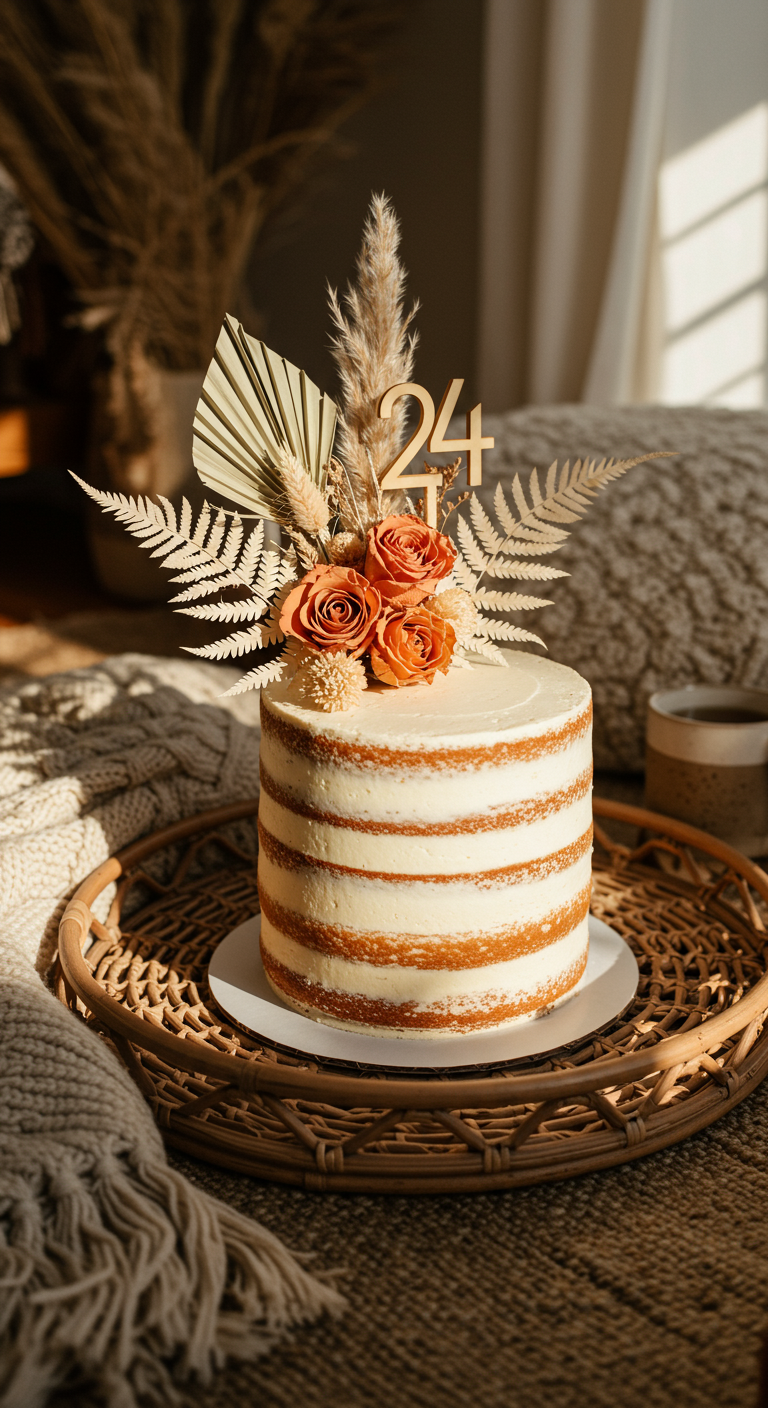 Semi-Naked Cake mit weißen Buttercreme-Schichten, dekoriert mit Trockenblumen und Holz-Topper 24.