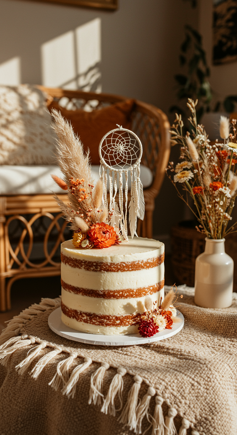 Naked Cake mit Buttercreme, Trockenblumen und Traumfänger-Topper.