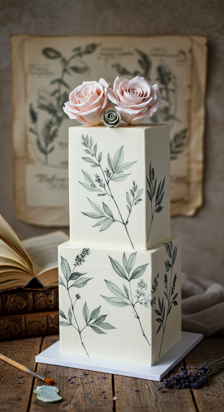 Zweistöckige eckige Torte mit botanischen Zeichnungen und echten rosa Rosen.