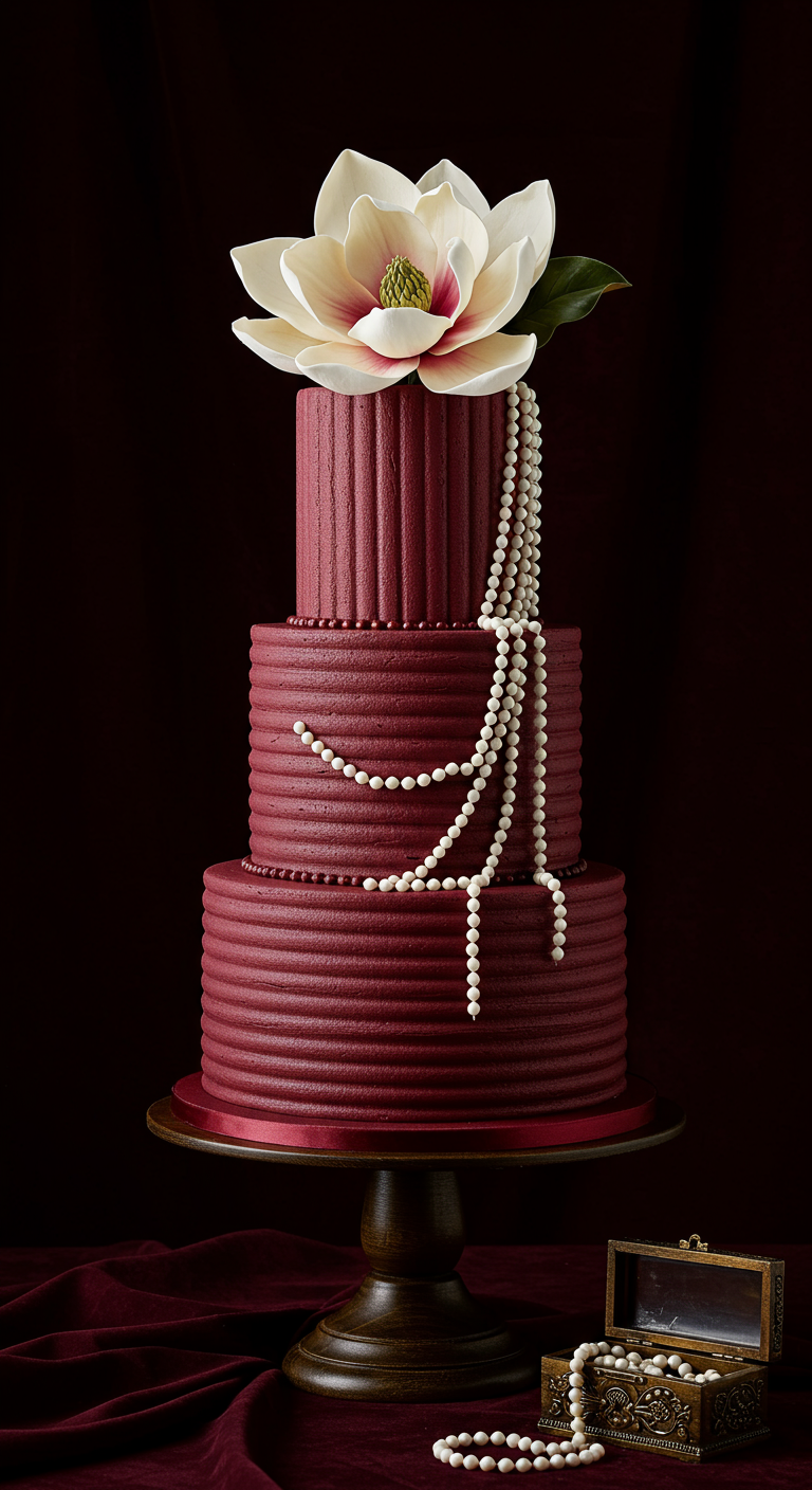 Dreistöckige burgunderrote Torte mit Rillenstruktur, Perlen und weißer Magnolie.