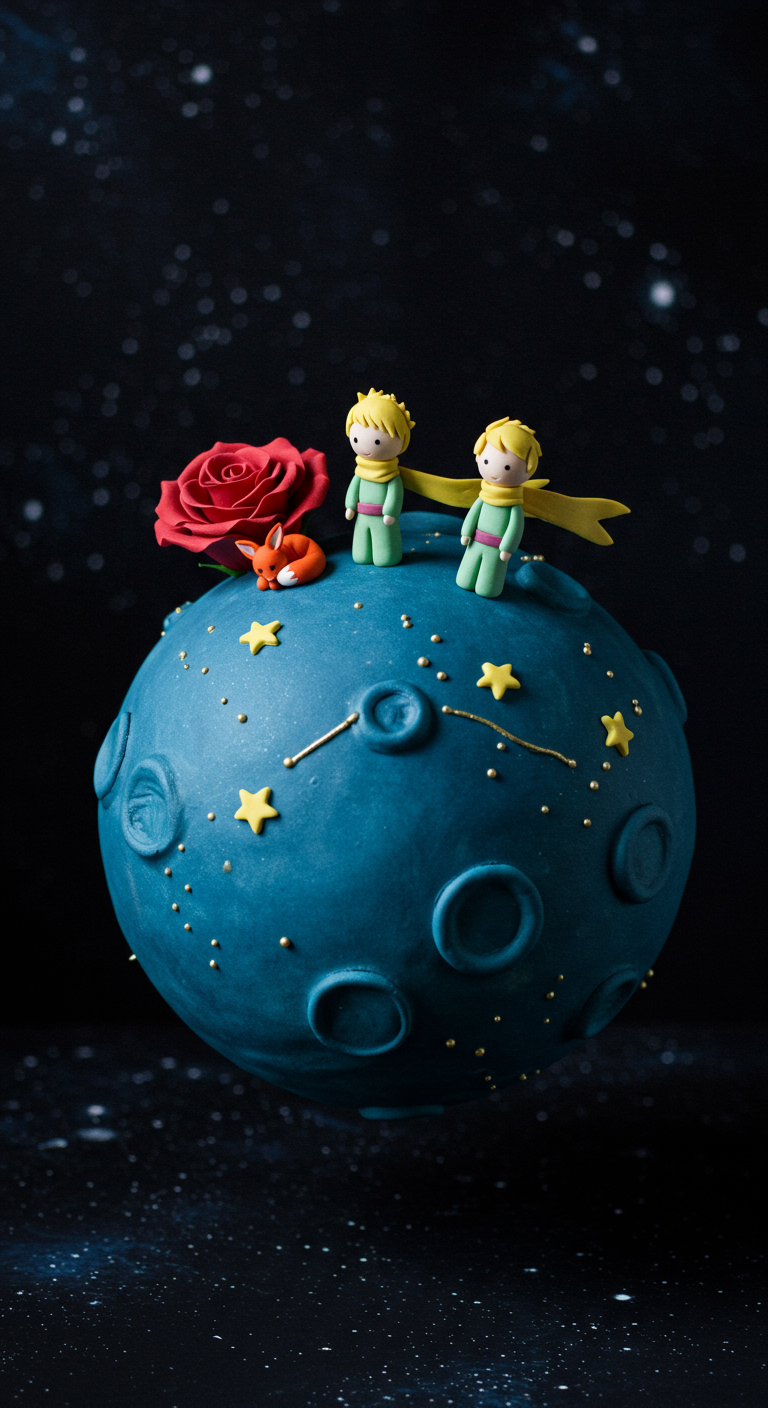 Kugelförmige Torte als Planet mit Der kleine Prinz, Fuchs, Rose und Sternen.