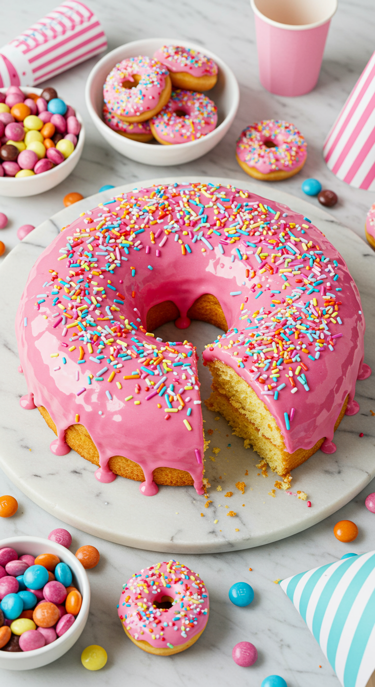 Großer, donut-förmiger Kuchen mit pinker Glasur und bunten Streuseln, ein Stück herausgeschnitten.