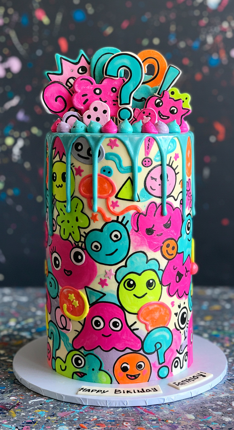 Hohe, zylindrische Torte mit bunten Doodle-Zeichnungen und Drip-Glasur.