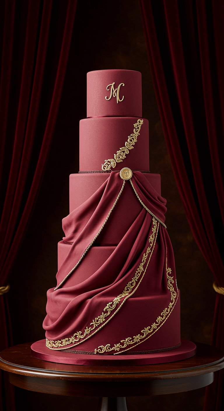 Mehrstöckige burgunderrote Torte mit drapiertem Fondant und Goldverzierungen.