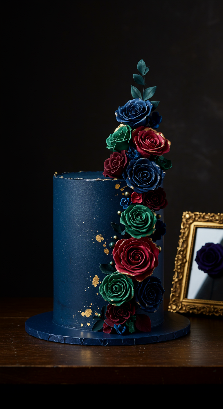 Dunkelblaue hohe Torte mit kaskadierenden roten, blauen und grünen Zuckerrosen und Goldakzenten.