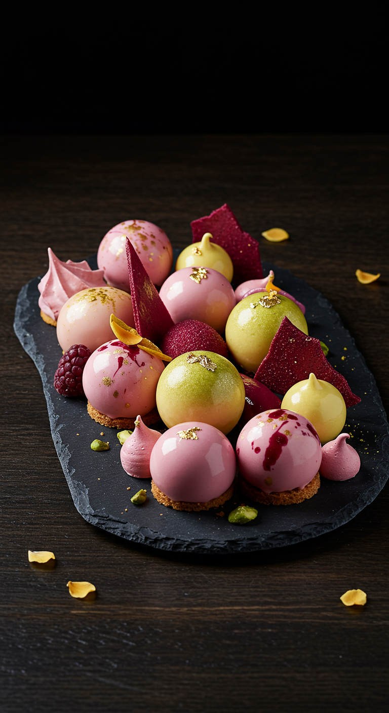 Bunte Mini-Mousse-Törtchen mit Mirror Glaze, Goldstaub, Baisers auf Schiefer.