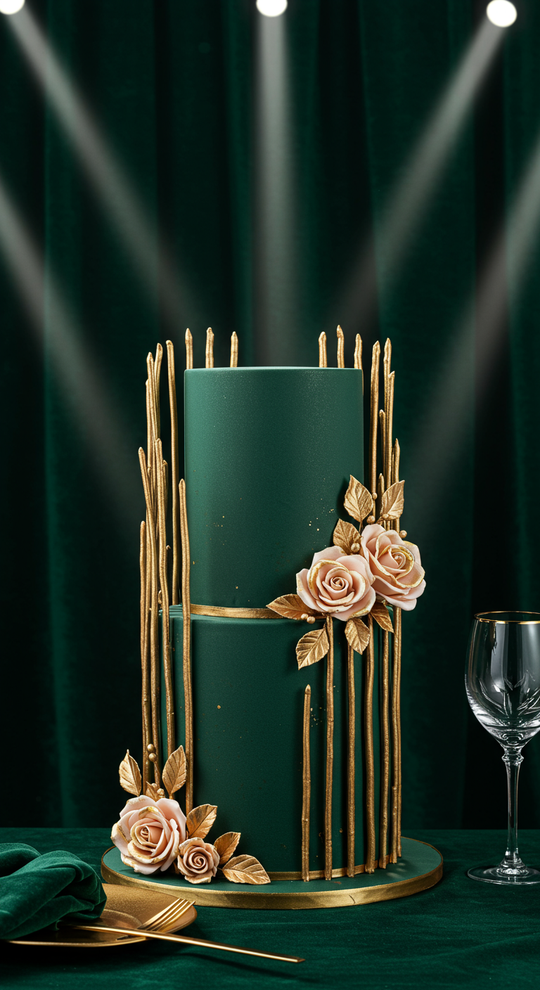 Zweistöckige dunkelgrüne Torte mit goldenen Stäben, Goldsprenkeln und pfirsichfarbenen Zuckerrosen.