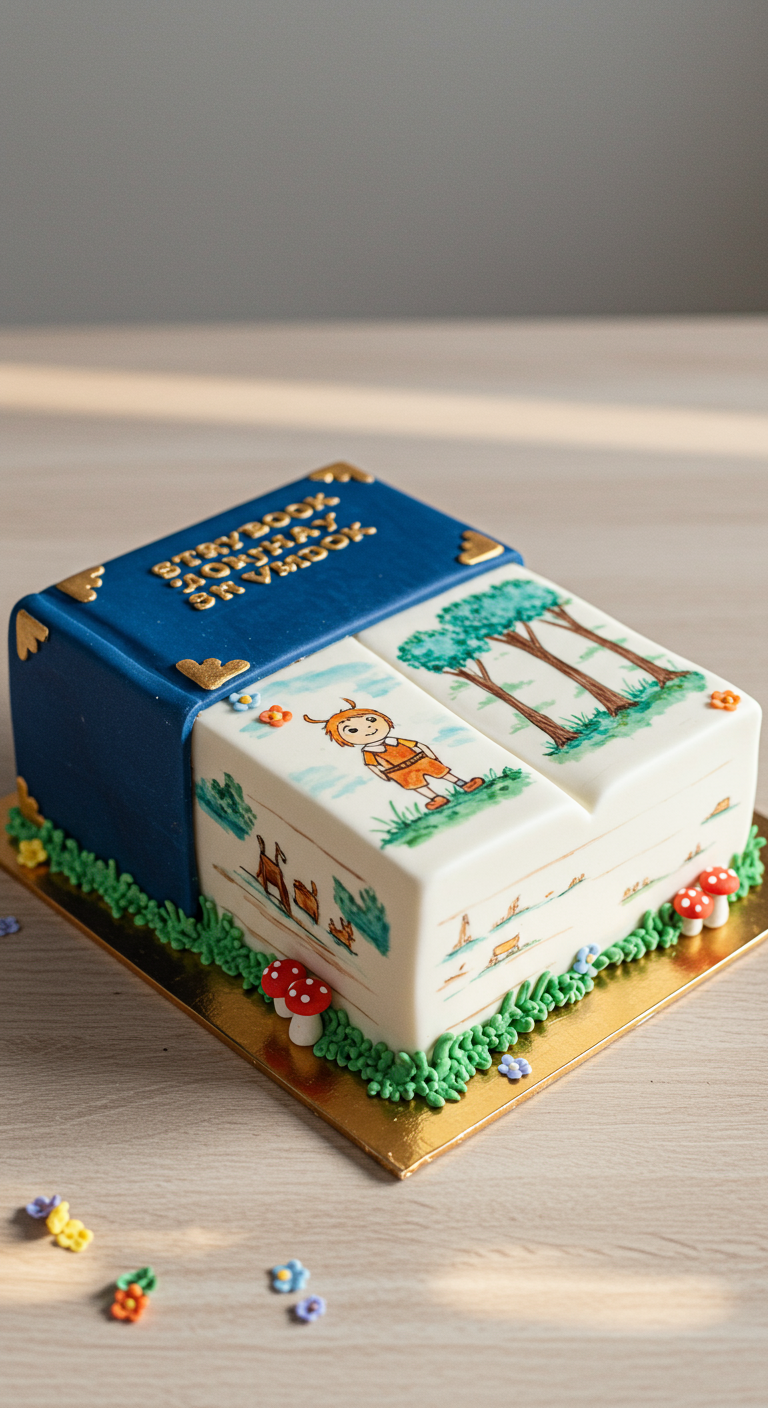 Kuchen in Form eines aufgeschlagenen blauen Märchenbuchs mit Illustrationen.