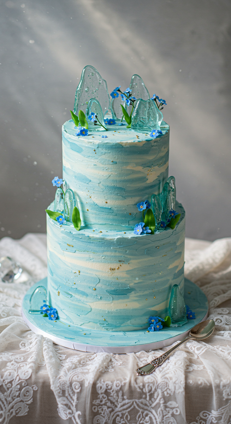 Zweistöckige, hellblaue Torte mit marmorierter Buttercreme, blauen Zuckerkristallen und Vergissmeinnicht.