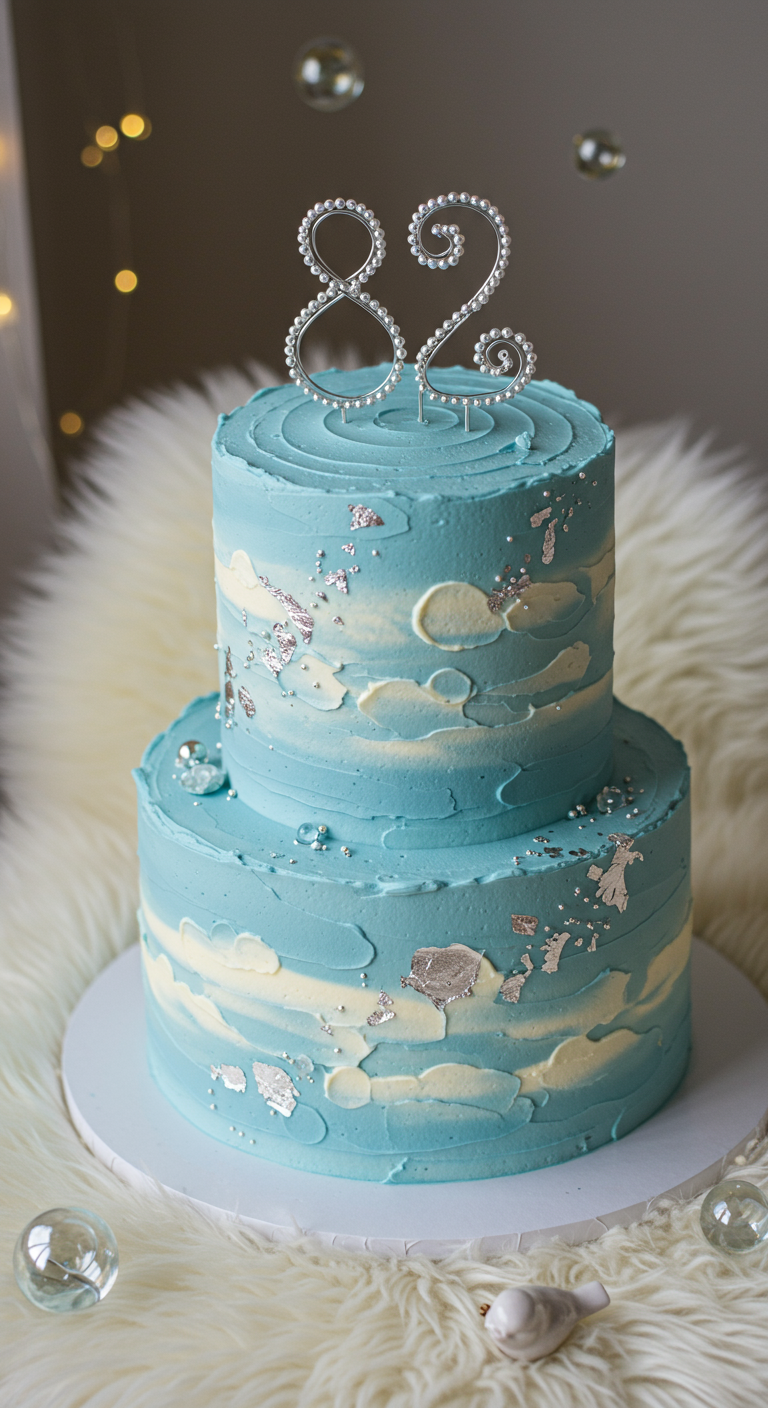 Zweistöckiger blau-weiß marmorierter Kuchen mit Silberakzenten und Strass-Zahl 82.