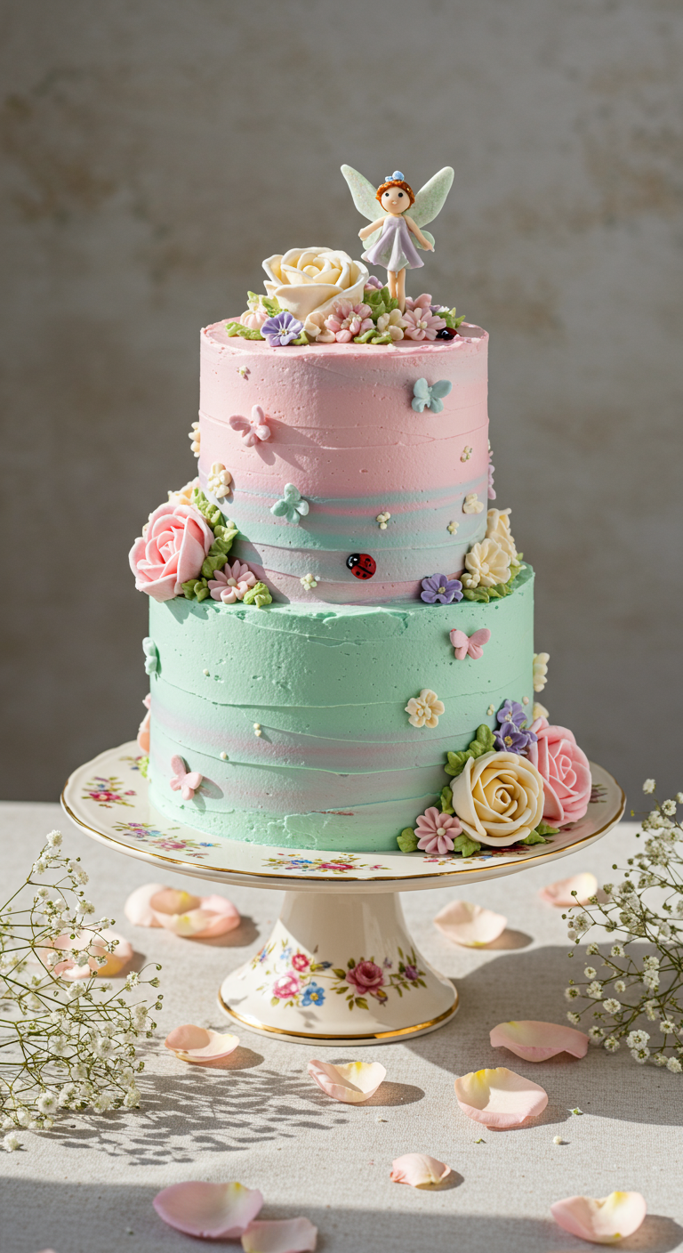 Zweistöckige Pastelltorte in Rosa und Mint mit Buttercreme-Blumen und Fee.