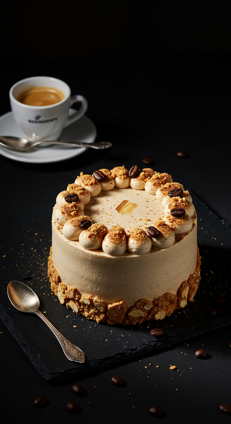 Kaffeetorte mit Tupfen, Kaffeebohnen und Keksbröseln, daneben eine Tasse Espresso.