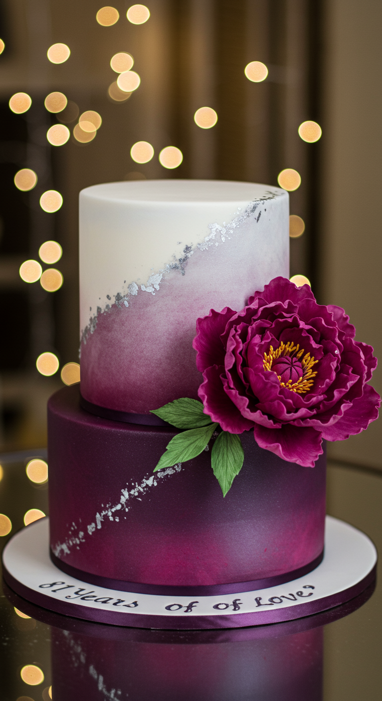 Zweistöckige Torte mit weiß-lila Ombré-Effekt und großer lila Pfingstrose.