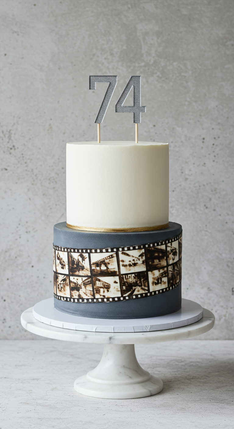 Zweistöckige Torte mit einem Filmstreifen aus alten Fotos um die untere Etage.