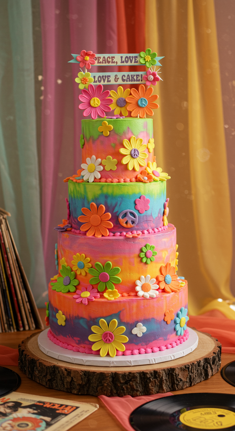 Mehrstöckige, bunte Tie-Dye-Torte mit Blumen und Peace-Zeichen.