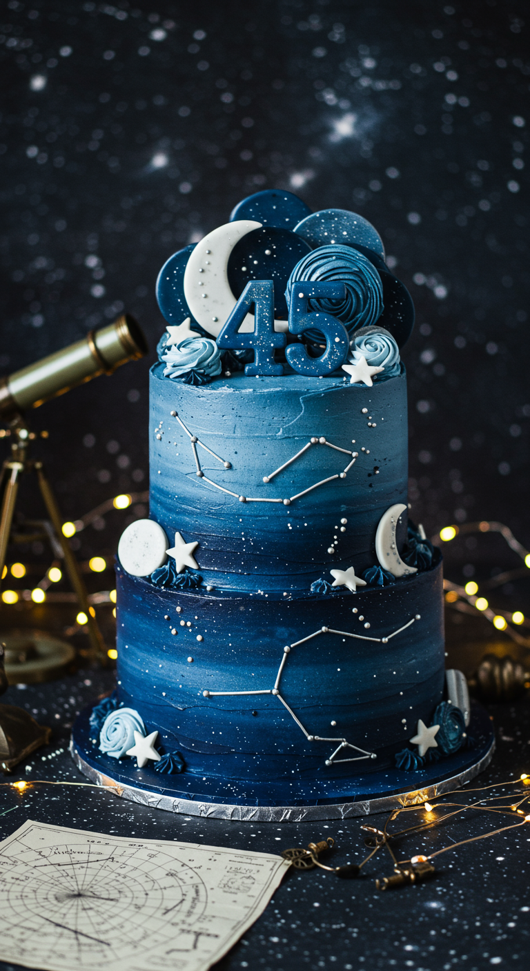 Dunkelblaue Galaxie-Torte mit Sternbildern, Mond und der Zahl 45.