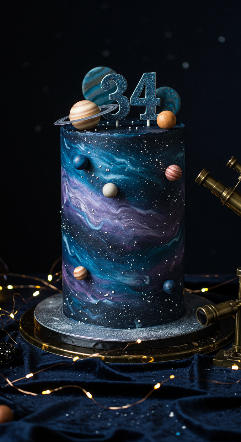 Hohe Torte mit Galaxy-Muster in Blau- und Lilatönen, verziert mit Planeten und „34“-Topper.